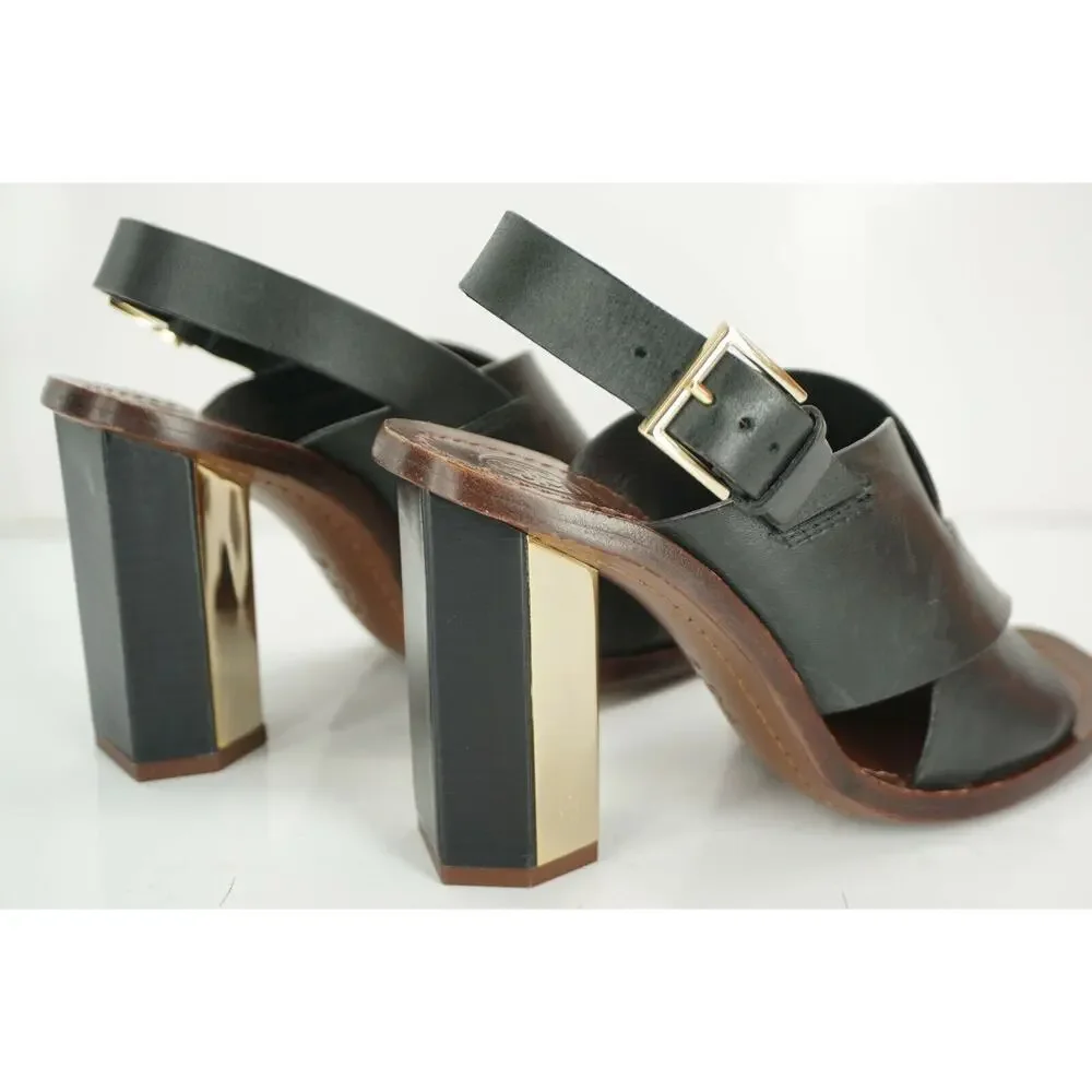 Tory Burch Black Leather Bleeker Wide Strappy Sandals Size 6.5 Hex Heel NIB